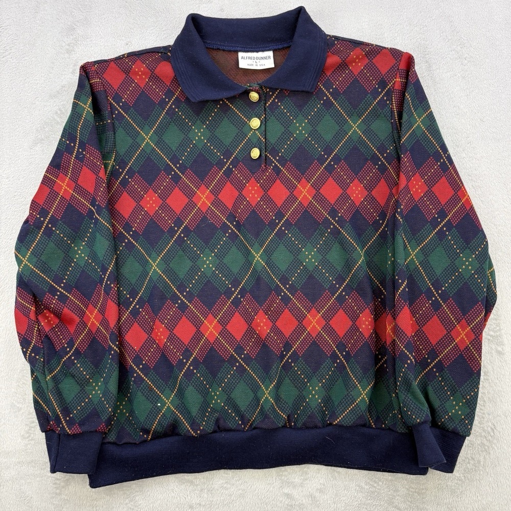 Vintage Alfred Dunner Sweater Womens Large Blue Multicolor Polo Collared Grandma